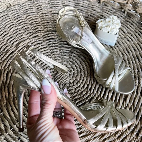 Casadei Gold Leather Strappy Woven Heeled Sandals - Picture 1 of 13